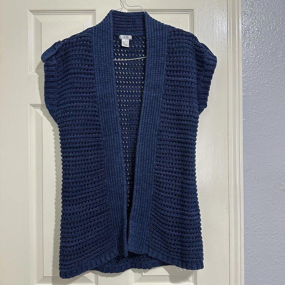 Cache Short Sleeve Open Knit Cardigan Sweater Sz M Medium Blue